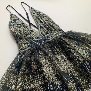 Luxxel Backless Sequin Mini Dress | Blue and Gold  | Size M
